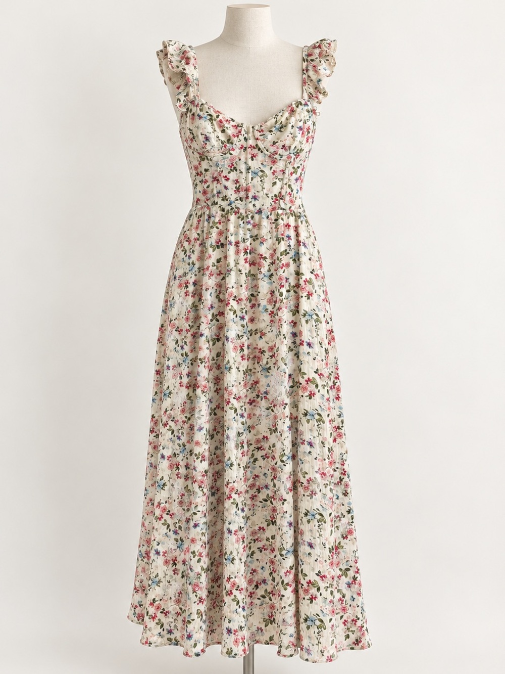 Astr White Floral Ruffle Strap dress, corset lace up back.